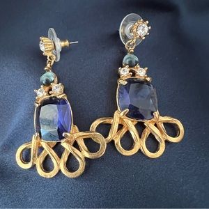 Modern Metal & Blue Rhinestone Drop Earrings
